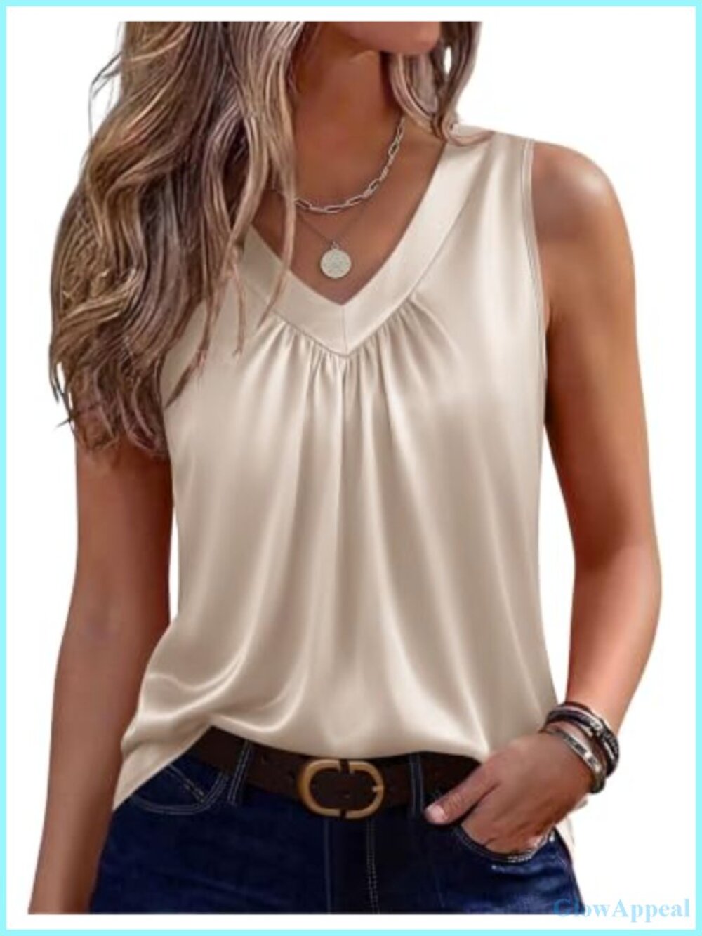 Satin Silk Blend Tank Top Sleeveless V Neck Pleated Blouse